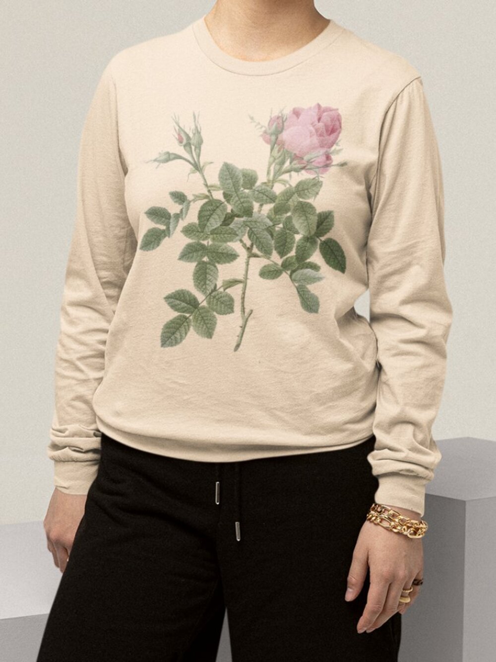 Four Seasons Rose Vintage Floral Print Long Sleeve Graphic Tee T-shirt S-XXL - Picture 4 of 6